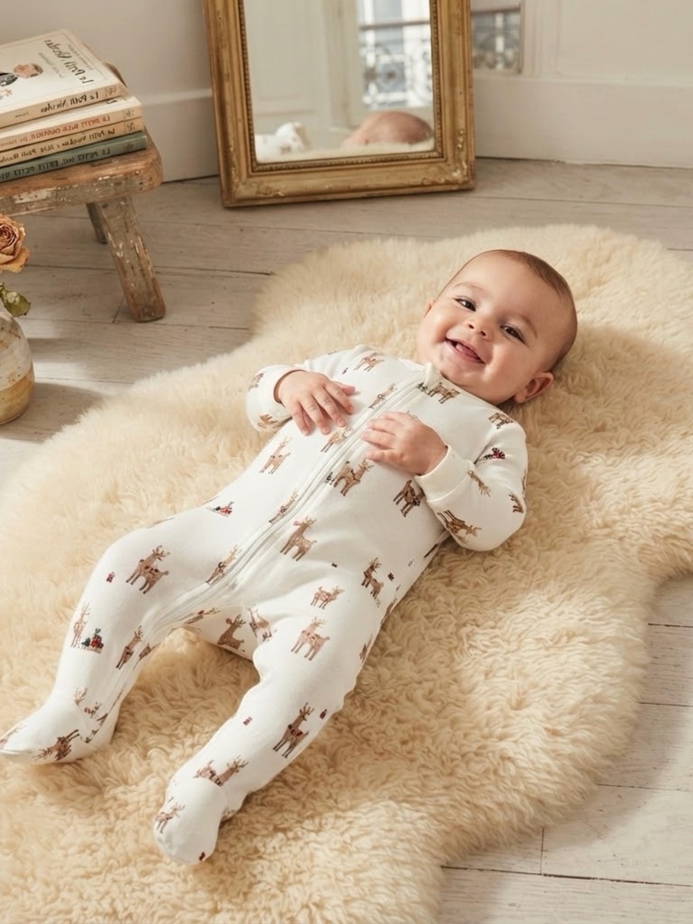 Petit Lem Organic Cotton Holiday Cream Reindeer 2-Way Zipper Footed Sleeper